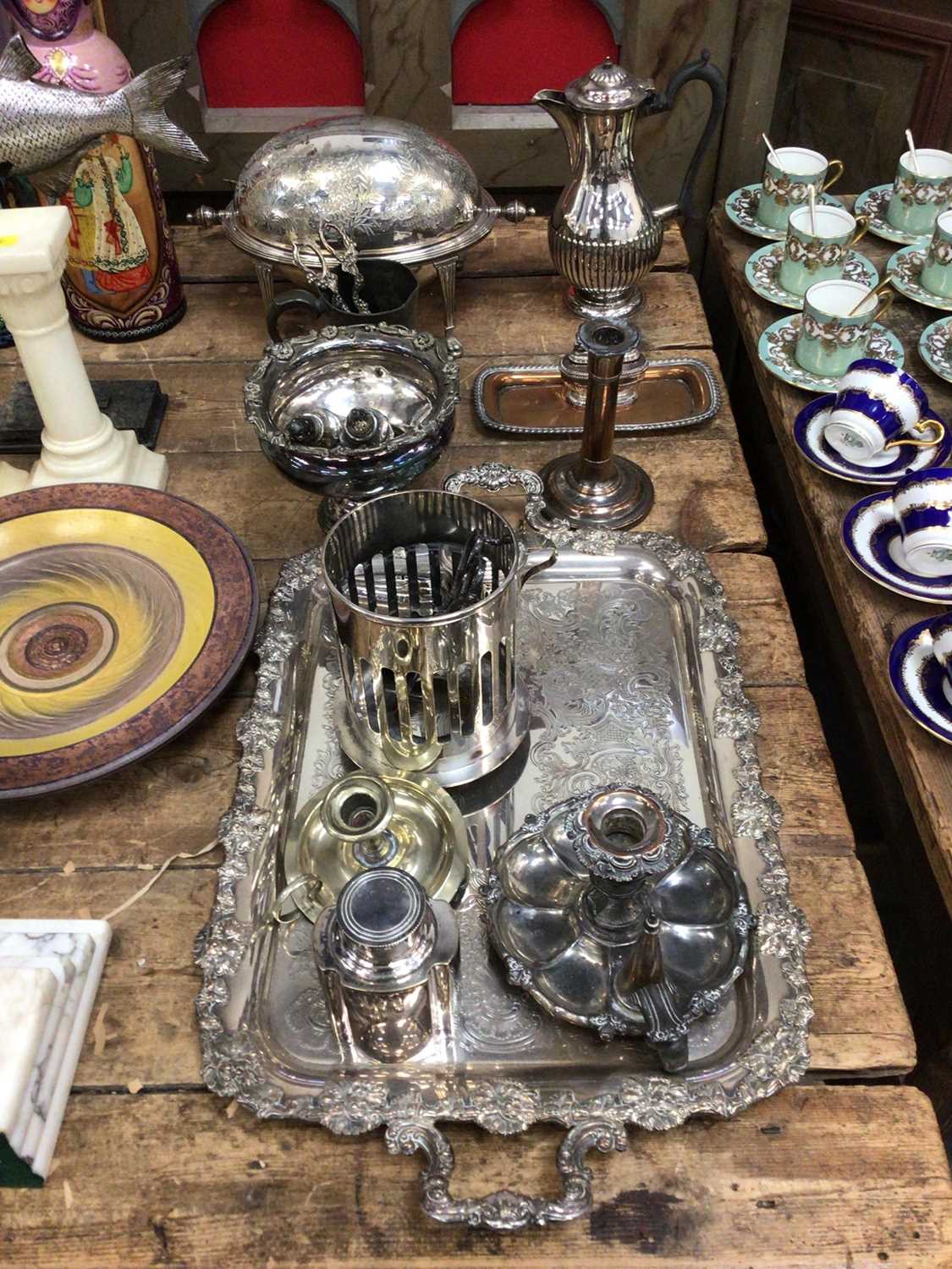 Lot 23 - Collection of silver plate, including a revolving entrée dish, tray, coffee pot, etc
