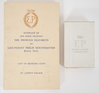 Lot 47 - The Marriage of H.R.H.The Princess Elizabeth with Lieutenant Philip Mountbatten R.N. November 20th 1947, List of Wedding Presents  and Wedding cake box with silvered crowned EP initials to lid ( em...