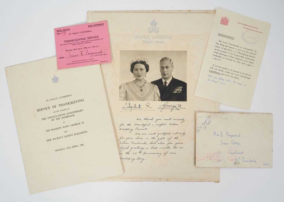 Lot 49 - The Silver Wedding of T.M. King George VI and Queen Elizabeth 26th April 1948, Thanksgiving Service ticket, Order of Service and printed thank you letter for Silver Wedding Gift.