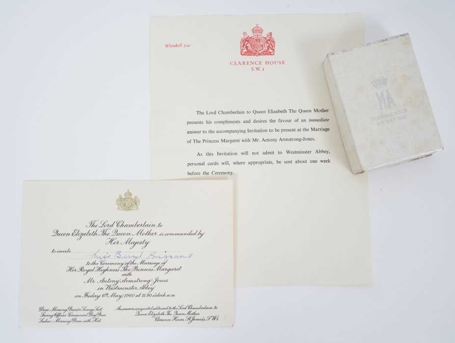 Lot 50 - The Marriage of H.R.H.The Princess Margaret with Mr Antony Armstrong-Jones, 6th May 1960, invitation and a wedding cake box with crowned MA cipher to lid (empty)