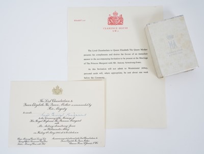 Lot 50 - The Marriage of H.R.H.The Princess Margaret with Mr Antony Armstrong-Jones, 6th May 1960, invitation and a wedding cake box with crowned MA cipher to lid (empty)