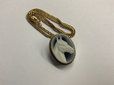 Lot 675 - Carved hardstone cameo pendant/brooch in 9ct gold mount on 9ct gold chain