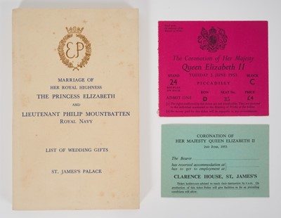 Lot 48 - The Wedding of H.R.H.The Princess Elizabeth to Lieutenant Philip Mountbatten R.N. List of Wedding gifts and two tickets to The 1953 Coronation.