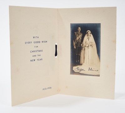 Lot 52 - The Duke and Duchess of Gloucester, rare 1935 Christmas card with embossed crowned H cipher to cover, wedding photograph to the interior signed' Henry Alice' with envelope .