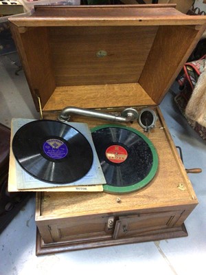 Lot 442 - 1920s oak cased gramophone, some old records and a vintage Ekco radio