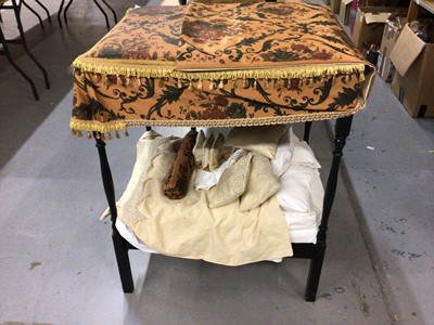 Lot 1834 - Doll's four posted bed with gold floral printed canopy, shot silk bedding and various cushions