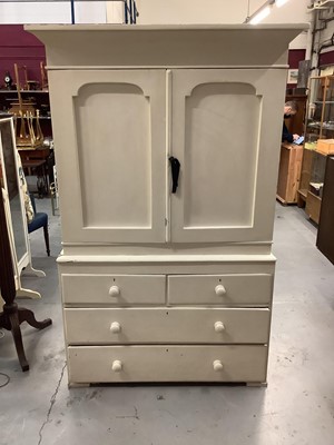 Lot 888 - Victorian painted pine two height housekeepers cupboard with shelved interior enclosed by two panelled doors, two short and two long drawers below, 119cm wide, 53cm deep, 185cm high