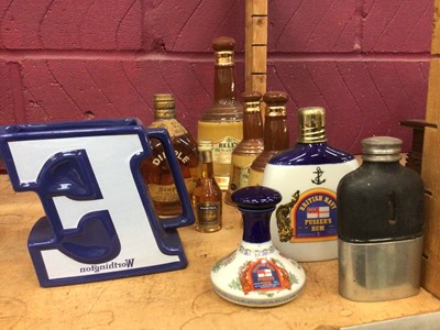 Lot 538 - Half bottle Dimple Scotch Whisky with empty Bells jars Worthington E jug, Pusser's Navy rum and miniature Martell cognac