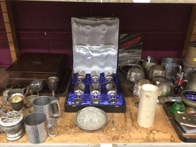 Lot 536 - Presentation box of six plated goblets, other goblets and tankards, wooden box and brass miners lamp