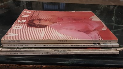 Lot 69 - Box of vintage Vogue patterns and magazines, together with a box of books including 20th century fiction