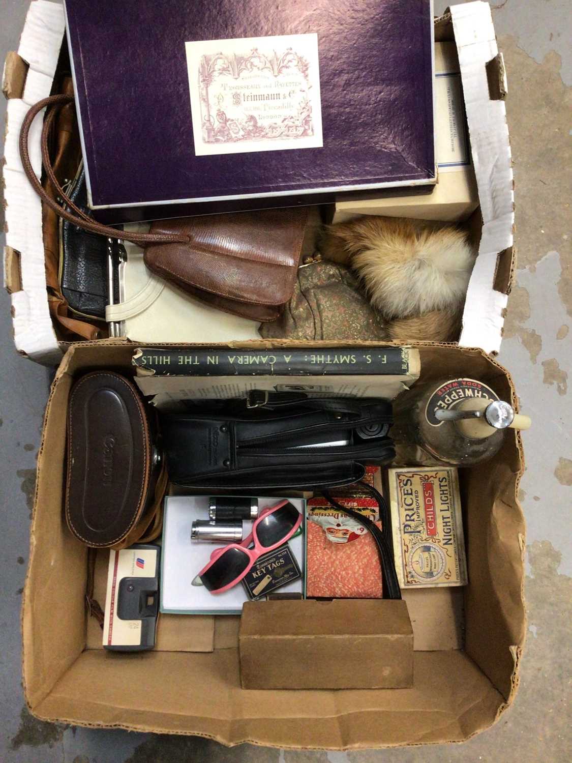 Lot 70 - Two boxes of sundries, including a camera, binoculars, vintage handbags, etc