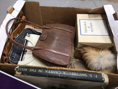 Lot 70 - Two boxes of sundries, including a camera, binoculars, vintage handbags, etc