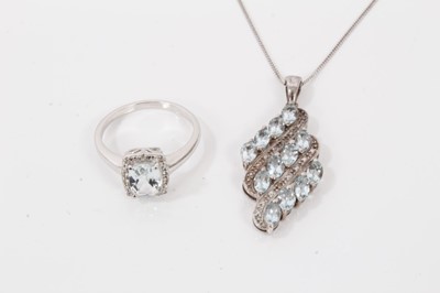 Lot 121 - Aquamarine and white topaz ring in platinum overlaid silver setting together with an aquamarine cluster pendant in platinum overlaid silver setting on silver chain