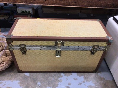 Lot 72 - Large trunk containing pictures, together with a basket and a sewing machine