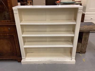 Lot 905 - Old white painted open bookcase with adjustable shelves, 116cm wide, 29cm deep, 122cm high