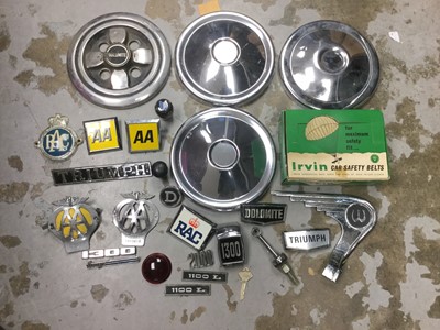 Lot 295 - Group of AA and RAC badges, various Triumph badge, chrome hub caps and other automobilia