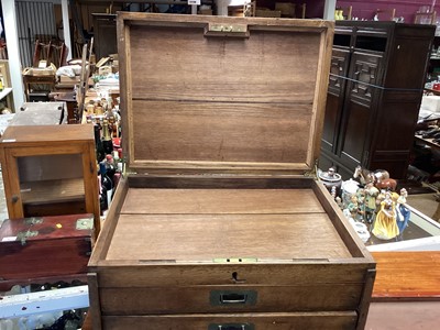 Lot 301 - Chinese elm vanity box, together with an oak table display cabinet and an oak canteen (3)