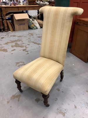 Lot 914 - Victorian high back nursing chair with striped upholstery on turned front legs and castors