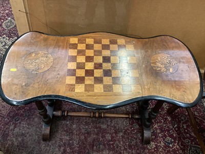 Lot 924 - Victorian walnut stretcher table with inlaid chessboard top, 90cm wide, 45cm deep, 61cm high