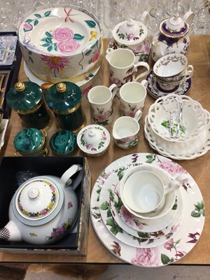 Lot 449 - Pair Portmeirion Malachite storage jars, two other similar pots, Halcyon Days teapot in box, other floral teaware and ceramics