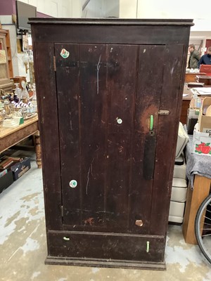 Lot 925 - Old stained pine cupboard with interior shelves enclosed by single door, with drawer below, 88.5cm wide, 47cm deep, 168cm high