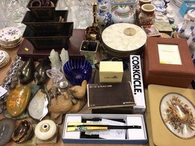 Lot 452 - Various items including animal ornaments, pair blue glass bowls, polished mineral specimens, chess/backgammon set and sundries