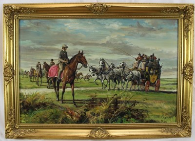 Lot 1047 - *Gordon King (b. 1939), oil on canvas, Coaching scene