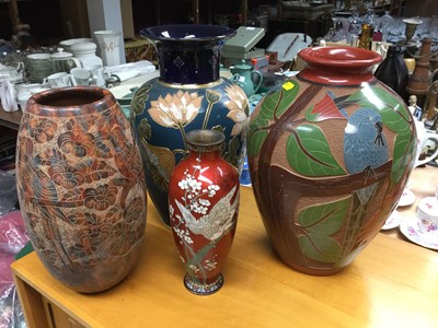 Lot 307 - Langley stoneware vase with floral decoration, Japanese Cloissoné enamel vase and two other vases (4)