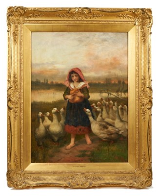 Lot 1148 - William Weekes (act. 1856-1904) oil on canvas ,'Waylaid' depicting a young girl feeding geese