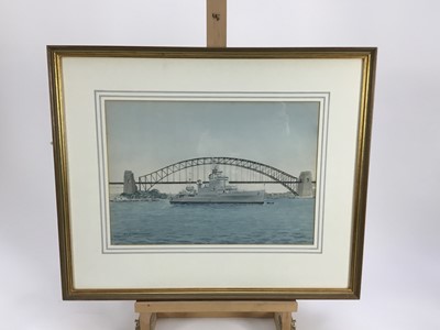 Lot 102 - Cdr. Eric Erskine Campbell Tufnell (1888-1978) watercolour - H.M.S. Newcastle, Sydney Harbour, signed, plus 3 photographs