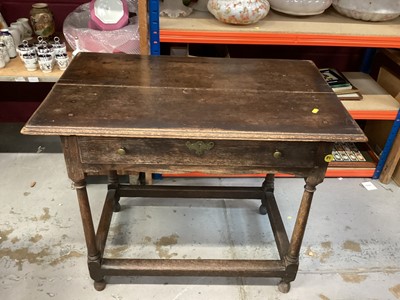 Lot 943 - Antique oak side table with single drawer on turned and block legs joined by stretchers, 88cm wide, 55cm deep, 73cm high