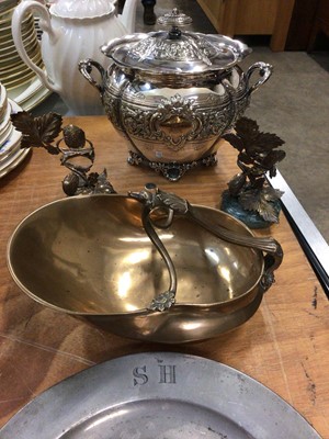 Lot 454 - Victorian silver plated biscuit barrel, pewter plate, pair strawberry leaf ornaments and Regency bronze dish (5)