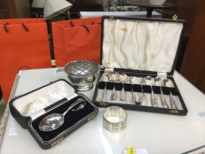 Lot 720 - Silver bowl, silver napkin ring, silver child's spoon and cased set of silver plated teaspoons and sugar tongs