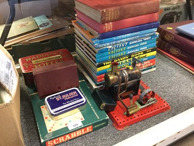 Lot 324 - Mamod Stationary engine, together with vintage tins and a group of Children's annuals