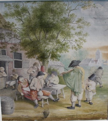 Lot 233 - After Dutch Old Master watercolour - village scene with musicians, indistinctly signed and dated