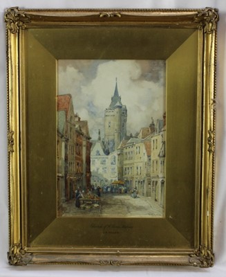 Lot 181 - J R Miller, three watercolours - Continental Town scenes: Church of St Pierre Malines,  Street in Ghent and Market Square Bruges all signed
