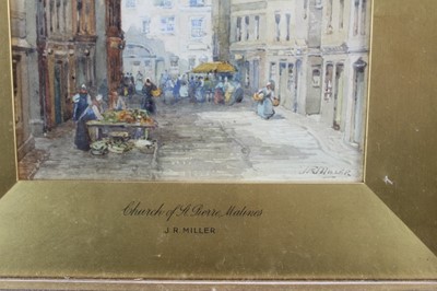 Lot 181 - J R Miller, three watercolours - Continental Town scenes: Church of St Pierre Malines,  Street in Ghent and Market Square Bruges all signed