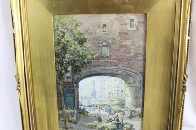 Lot 181 - J R Miller, three watercolours - Continental Town scenes: Church of St Pierre Malines,  Street in Ghent and Market Square Bruges all signed