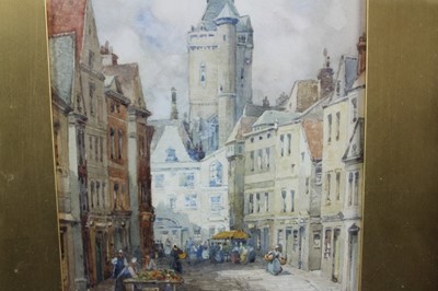 Lot 181 - J R Miller, three watercolours - Continental Town scenes: Church of St Pierre Malines,  Street in Ghent and Market Square Bruges all signed