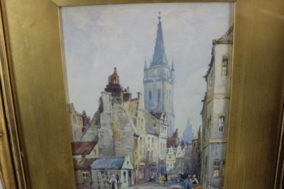 Lot 181 - J R Miller, three watercolours - Continental Town scenes: Church of St Pierre Malines,  Street in Ghent and Market Square Bruges all signed