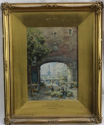 Lot 181 - J R Miller, three watercolours - Continental Town scenes: Church of St Pierre Malines,  Street in Ghent and Market Square Bruges all signed