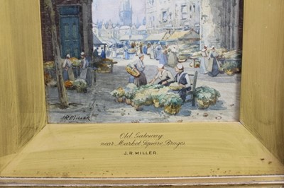 Lot 181 - J R Miller, three watercolours - Continental Town scenes: Church of St Pierre Malines,  Street in Ghent and Market Square Bruges all signed