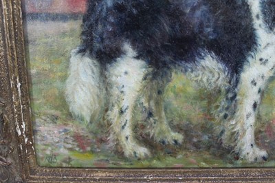 Lot 170 - English school oil on board - standing dog portrait, monogrammed ‘R.H.B.’`