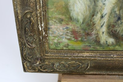 Lot 170 - English school oil on board - standing dog portrait, monogrammed ‘R.H.B.’`