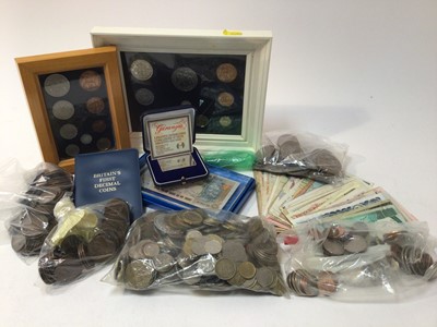 Lot 472 - World - Mixed banknotes x 111, coins to include G.B. cupro-nickel, bronze, Italy 'Inter-coins' silver .925 Bullion Bar wt. 50.5gms and others (Qty)