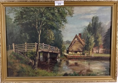 Lot 312 - Twentieth century oil on board - 'Grandma's Cottage, Flatford', monogrammed and dated K.M.H., 1982, 46cm x 31cm, framed.