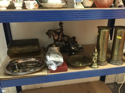Lot 341 - Pair of First World War Trench Art shell case vases decorated with Dragons, together with a table lighter, vintage biscuit tins, pictures and sundries