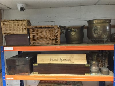 Lot 328 - Wicker hampers and basket, brass Jardinere, brass coal scuttle and sundries
