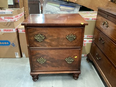 Lot 955 - Nineteenth century flame mahogany chest of two deep drawers with brass swing handles, 62cm wide, 45cm deep, 75cm high