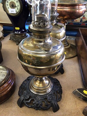 Lot 216 - George III mahogany cutlery tray, pair of Russian brass oil lamps, the chimneys with twist pattern on the outside, together with a larger copper and brass oil lamp